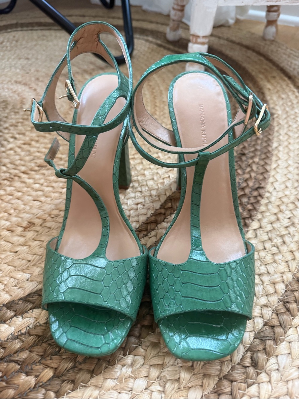 Banana Republic Green Snake-Embossed T-Strap Heels